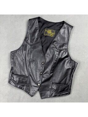 Vintage Black Leather Vest with Braided Trim